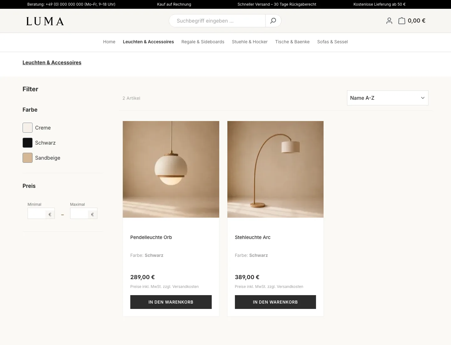 LUMA Theme Screenshot der Listing-Seite