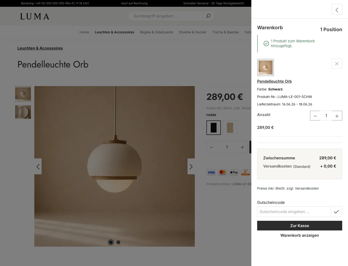 LUMA Theme Screenshot des Offcanvas-Warenkorbs
