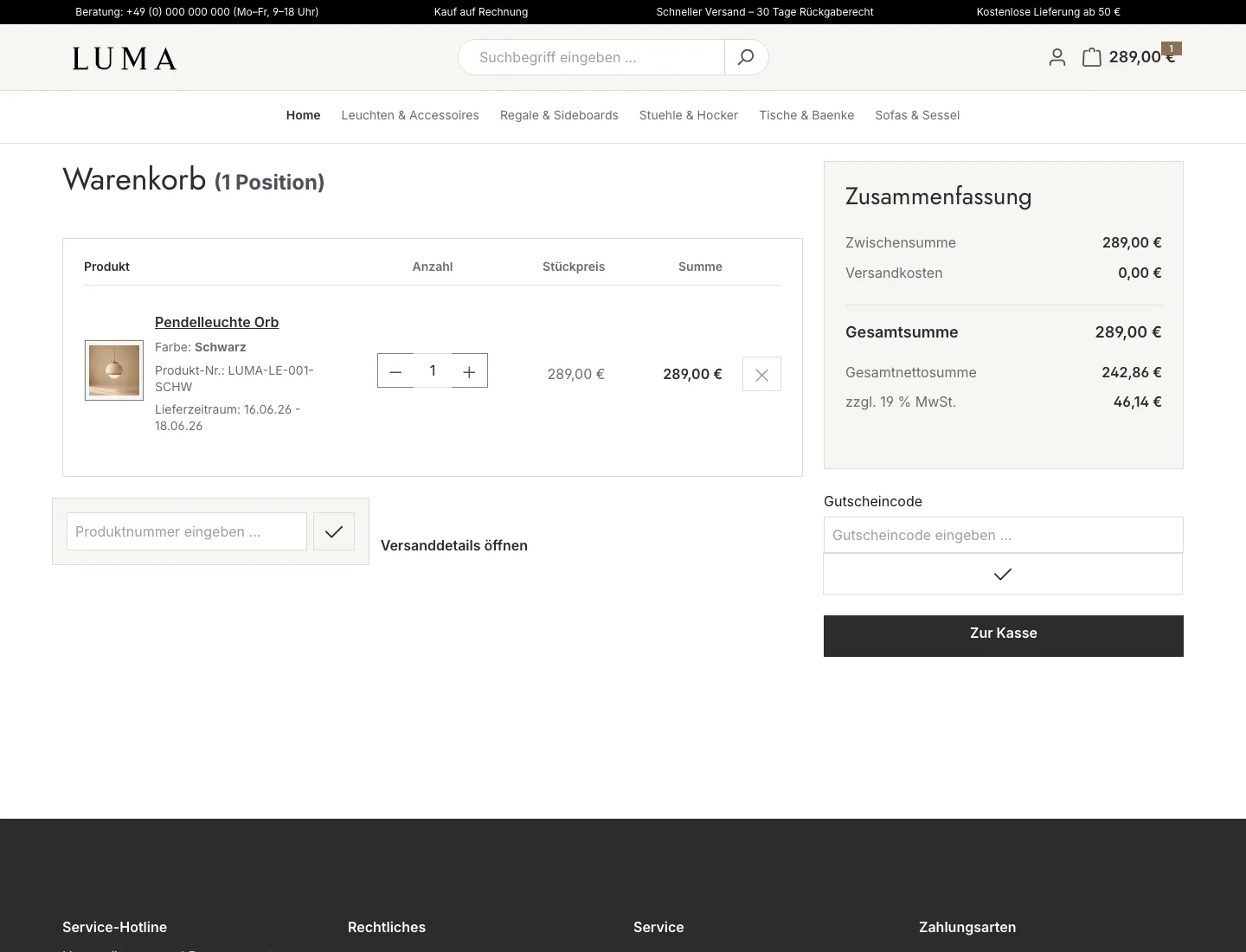 LUMA Theme Screenshot der Warenkorb-Seite