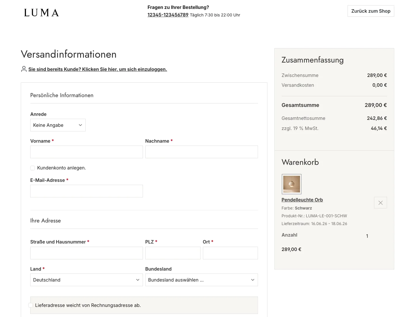 LUMA Theme Screenshot des Checkouts